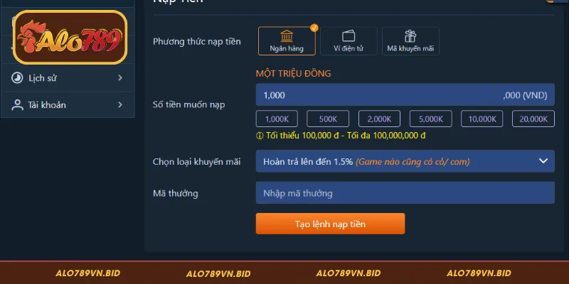 Các phương thức nạp tiền ALO789 phổ biến nhất 2026