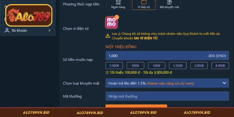 Cách nạp tiền ALO789 chi tiết từ A-Z cho người mới