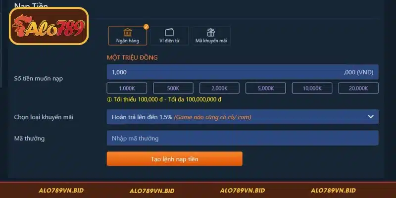 Truy cập ALO789 và nạp tiền